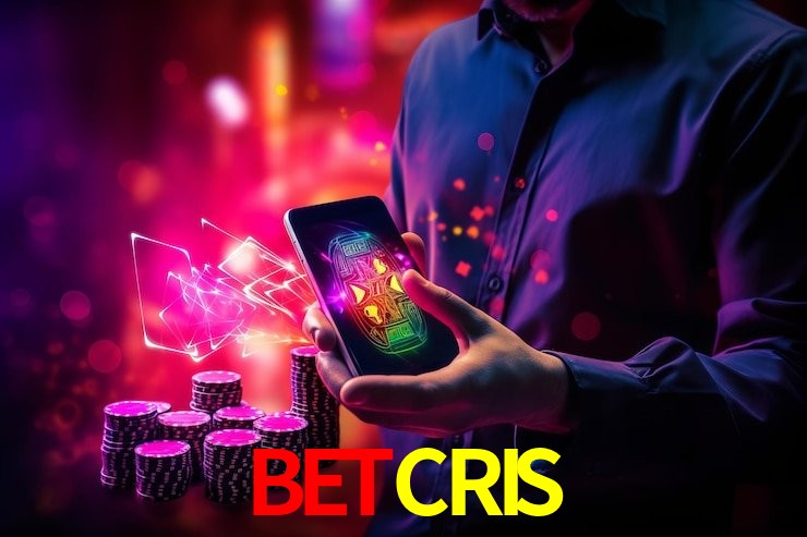 Escena dinámica inspirada en casino con iluminación BETCRIS, cartas, fichas e íconos de juegos digitales en un espacio moderno de juegos.