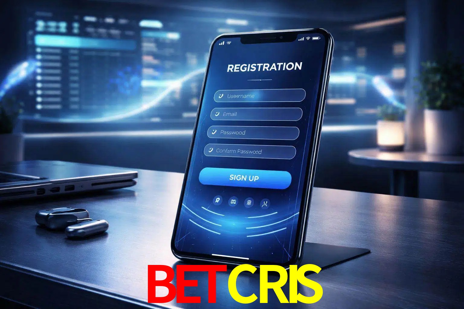 Una interfaz moderna de registro móvil para BETCRIS mostrada en un smartphone con un panel de apuestas elegante.